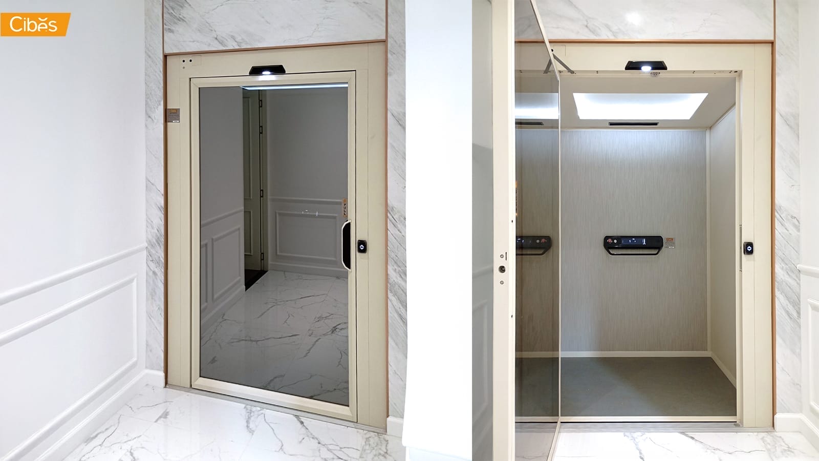 Cibes V70 Aurora | Luxury Home Elevator 2Floors with ORIENTAL OYSTER WHITE (Size 1110×1415 mm)